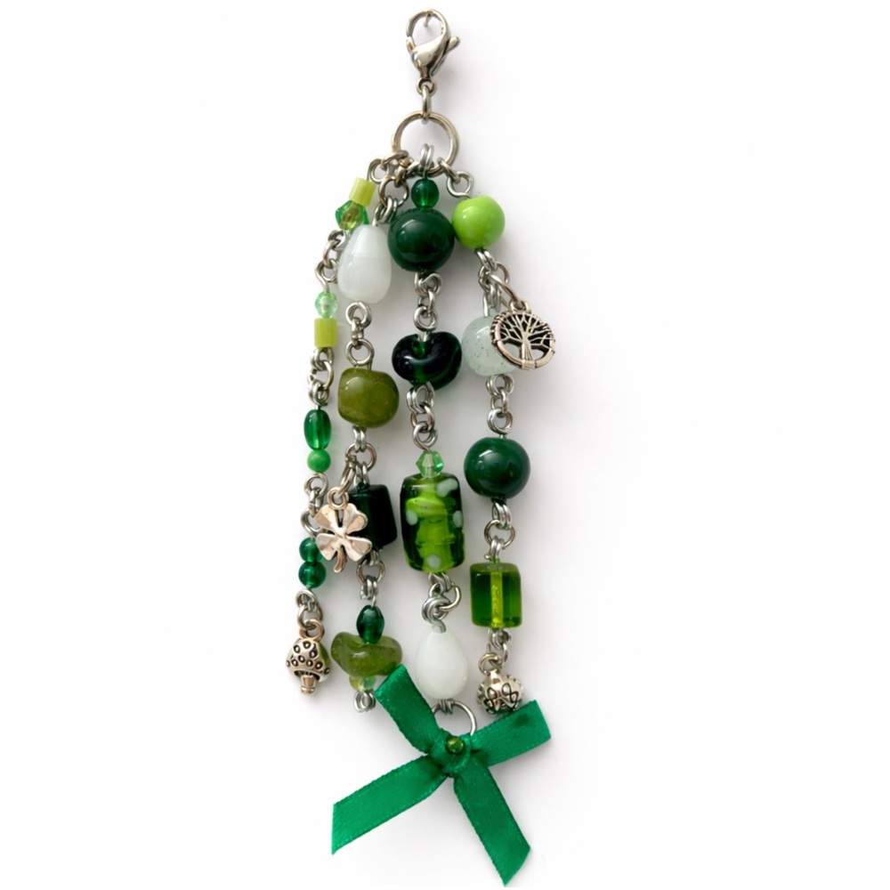 Green Beaded Charm — Keychain Bag Charm Zipper Pull Clover Mushroom Ladybug Tree